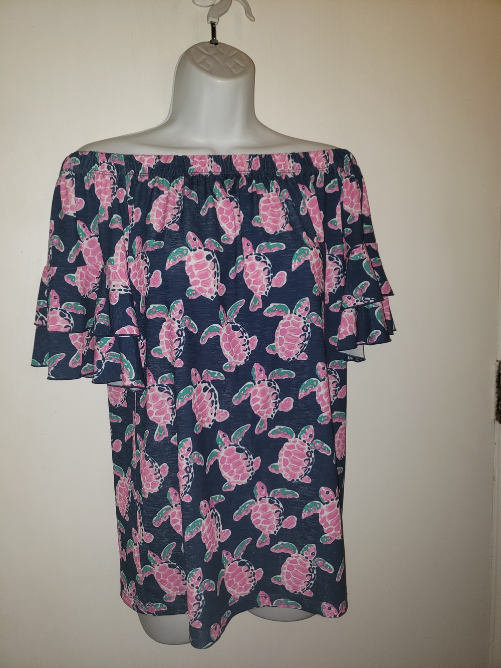 Off-Shoulder Ruffle Navy Top with Pink Turtle Print - Simply Southern